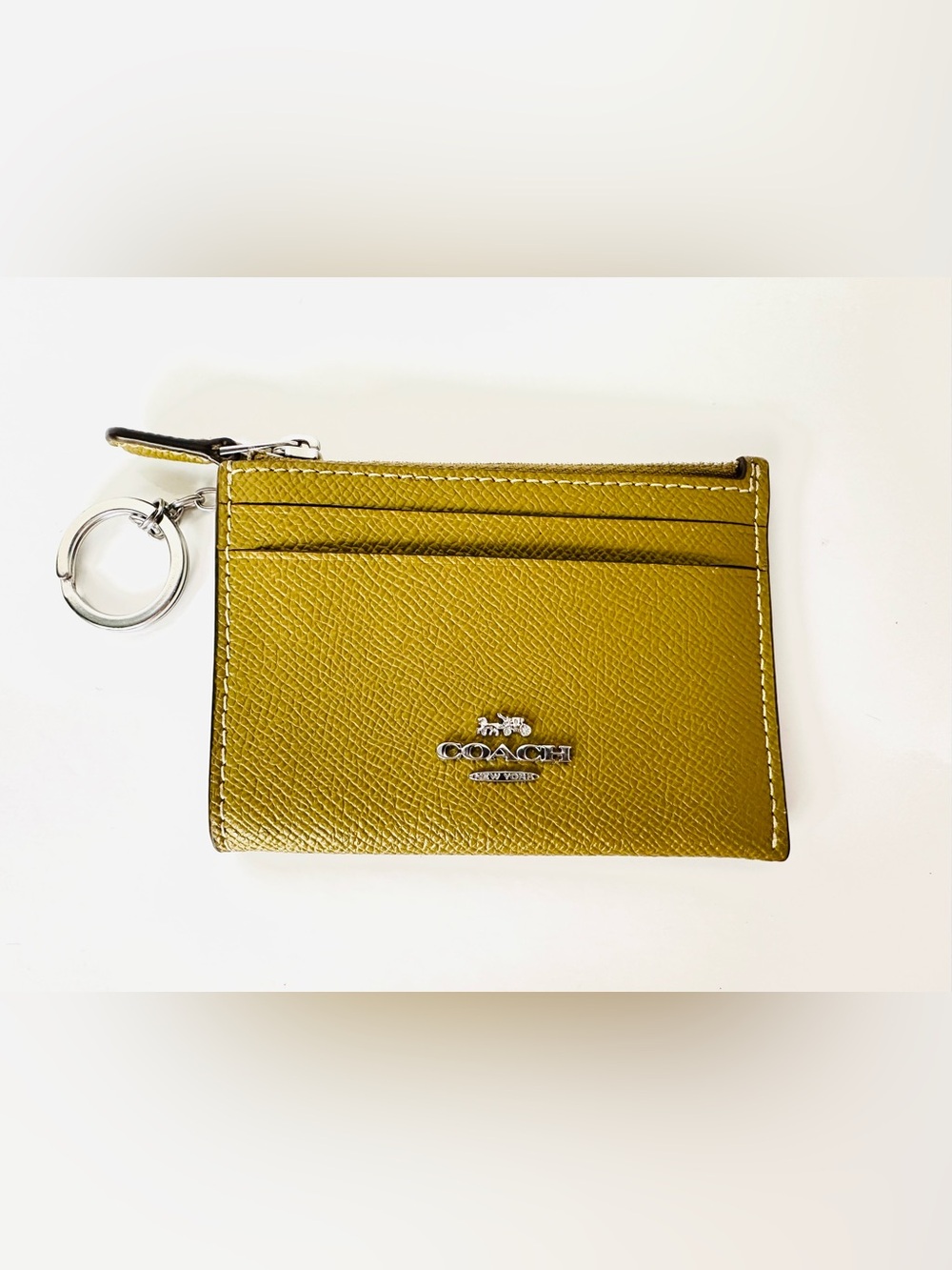 Coach Chartreuse Saffiano Leather Card Case Wallet with Silver Hardware